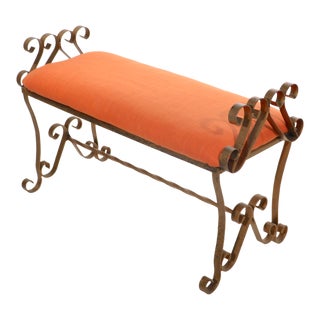 Ornate Wrought Iron Scrollwork Bench With Upholstered Seat For Sale