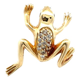 14k Yellow Gold Diamond Frog Brooch Pin For Sale