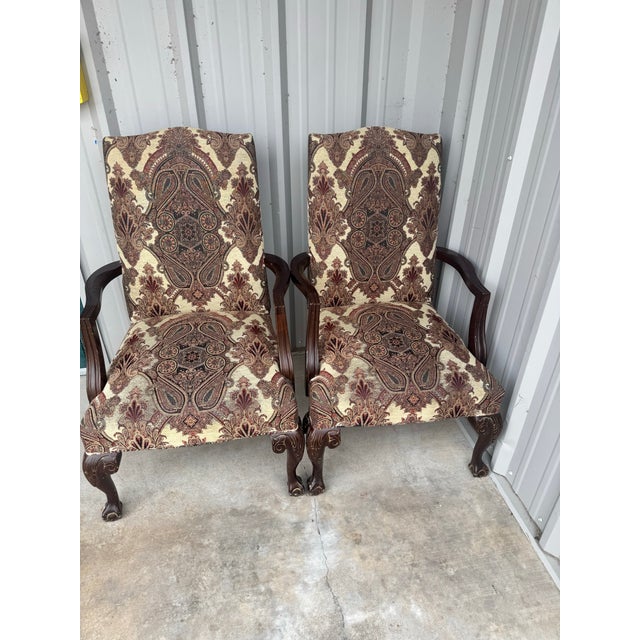 2 Vintage Queen Anne Accent Chairs, Paisley Tapestry Armchairs, Cabriole Legs For Sale In Austin - Image 6 of 11