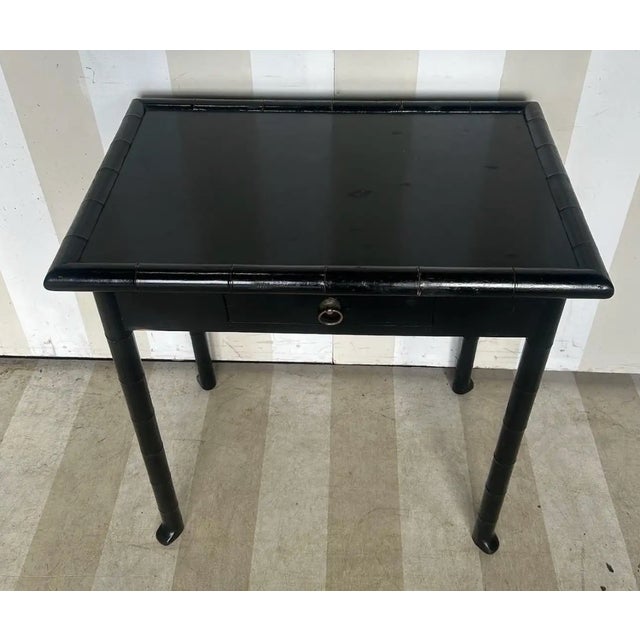19th Century French Faux Bamboo Black Side Table With Drawer and Flared Feet. For Sale - Image 4 of 10