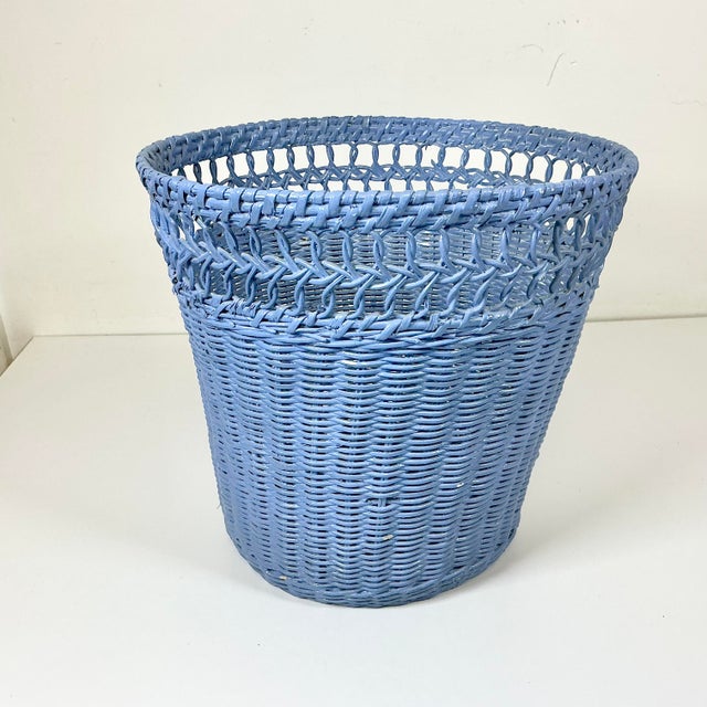 Wood Mid-Century Boho Chic Coastal French Blue Wicker Wastebasket. For Sale - Image 7 of 11