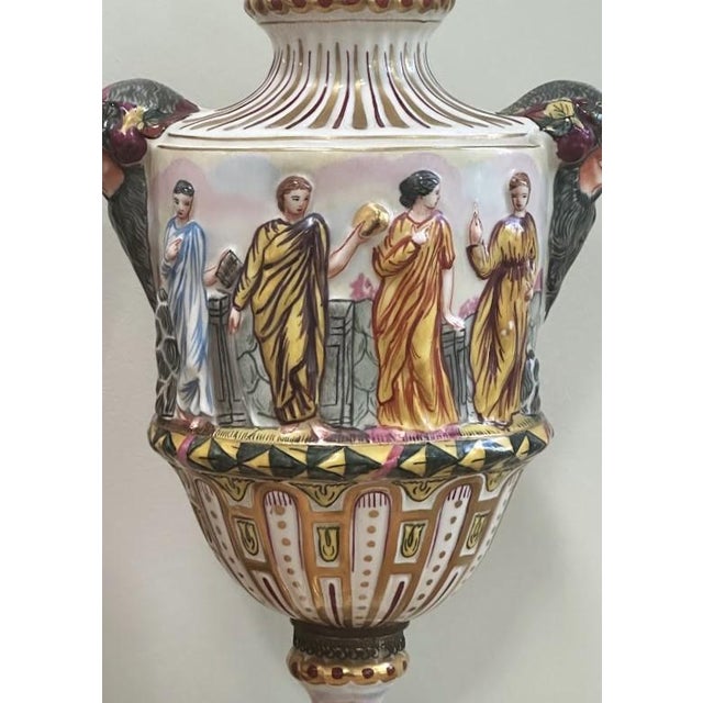 Neoclassical Pair of Vintage Capodimonte Style Porcelain Urns For Sale - Image 3 of 5