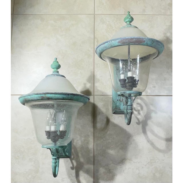 Pair of Vintage Solid Brass Outdoor Sconces - Large Verdigris Patina Lanterns For Sale - Image 9 of 16