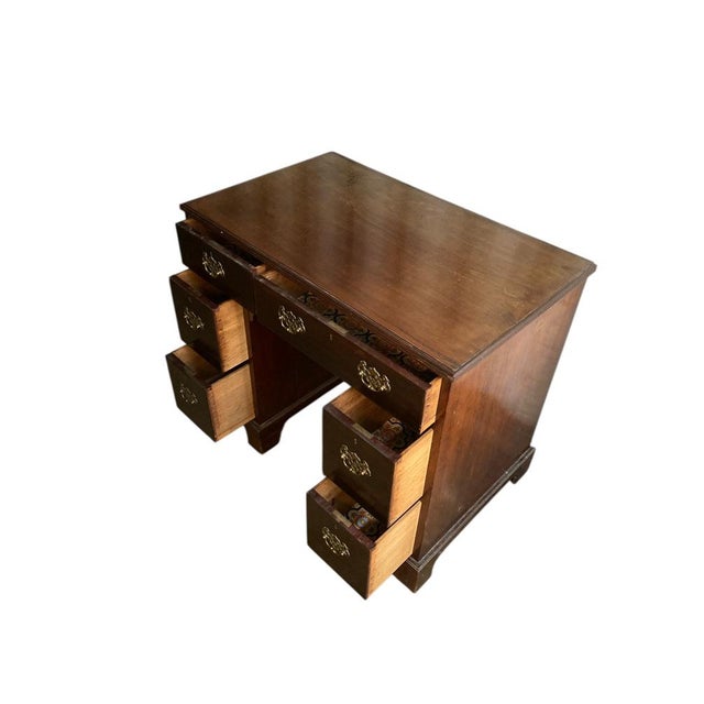 Late 19th Century George IIII Mahogany Crossbanded Kneehole Desk of Drawers with Gilt Handles For Sale - Image 5 of 7