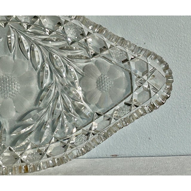 1940s Vintage American Brilliant Period Cut Crystal Glass Oval Scalloped Edge Dish For Sale - Image 5 of 16