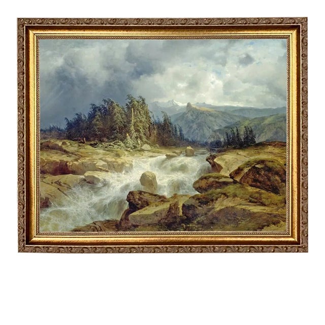 "Mountain Landscape with Rushing Stream" Contemporary Reproduction Print on Canvas, Framed 16x13 For Sale