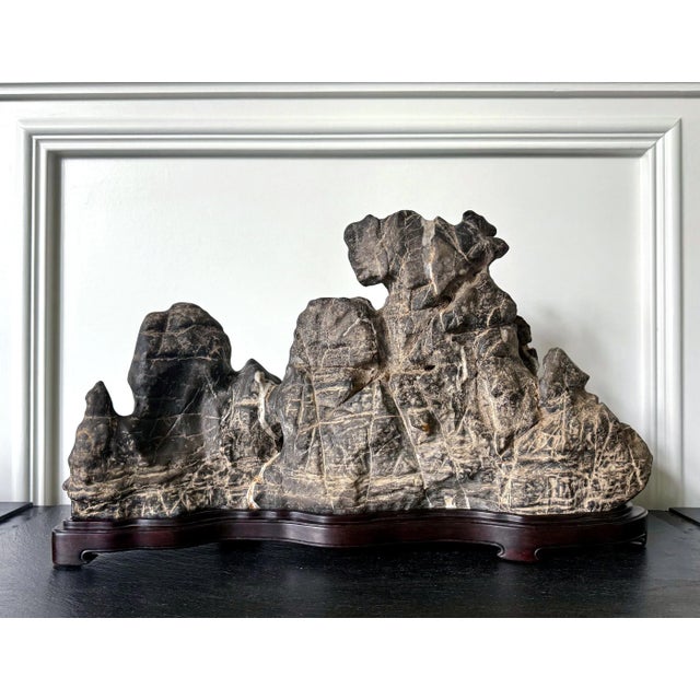 19th Century 19th Century Large Chinese Horizontal Gray Lingbi Scholar Stone with Grotto on Display Stand For Sale - Image 5 of 12