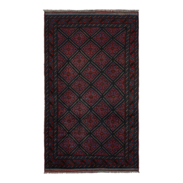 Rug & Kilim’s Afghan Baluch Tribal Rug in Burgundy and Blue Geometric Patterns For Sale
