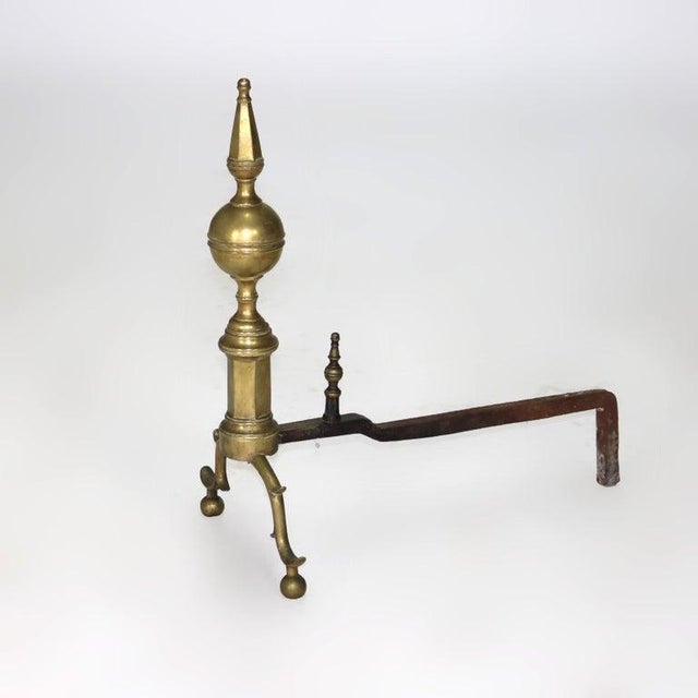 Traditional Pair of Antique Federal Brass and Wrought Iron Lemon Top Andirons, Circa 1810 For Sale - Image 3 of 4