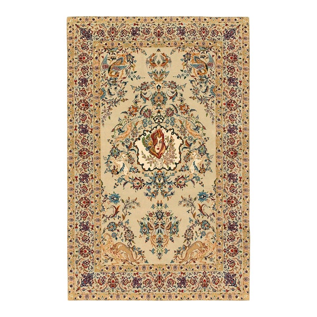 1940s Tan Sand Medallion Floral Antique Persian Isfahan Rug 3' 5'' X5' 3'' Handknotted Wool Carpet For Sale
