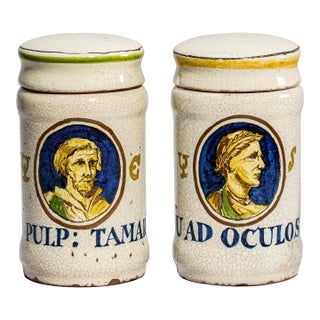 Rare Pair Italian 19th Century Hand Painted Ceramic Antique Apothecary Lidded Jars Portrait Profiles For Sale