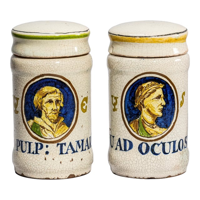 Rare Pair Italian 19th Century Hand Painted Ceramic Antique Apothecary Lidded Jars Portrait Profiles For Sale