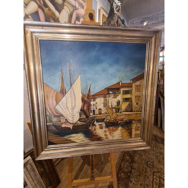 Sky Blue Mid 20th Century Mannerist Large Scale Oil Painting on Canvas, Boats in the Port by E Tiedemann, Framed For Sale - Image 8 of 12
