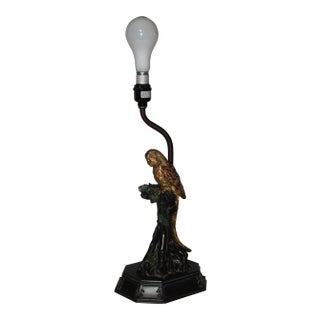 Vintage Parrot Parakeet Bird Perched on Tree Stump Faux Bronze Table Lamp For Sale