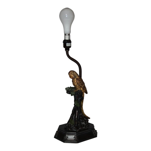 Vintage Parrot Parakeet Bird Perched on Tree Stump Faux Bronze Table Lamp For Sale