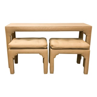 Mid Century Upholstered Parson's Style Console Table and Benches For Sale