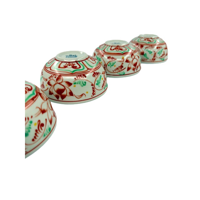 Set of 6 Bat Trang Vietnamese Ceramic Multipurpose Bowls Hand Painted in Red and Celadon Lotus Floral Motif For Sale - Image 9 of 11