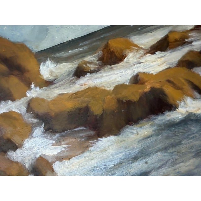 Modern Coastal Ocean Landscape Oil on Board Painting, Silver Wood Frame For Sale In Miami - Image 6 of 12