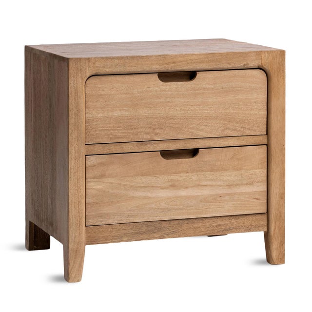 Contemporary natural solid mango wood nightstand. Clean lines and modern simple style featuring two drawers with cutout...