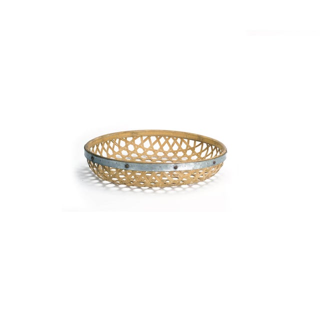 Rustic Round Woven Bamboo Tray with Galvanized Metal Accent (Set of 3) For Sale - Image 3 of 4