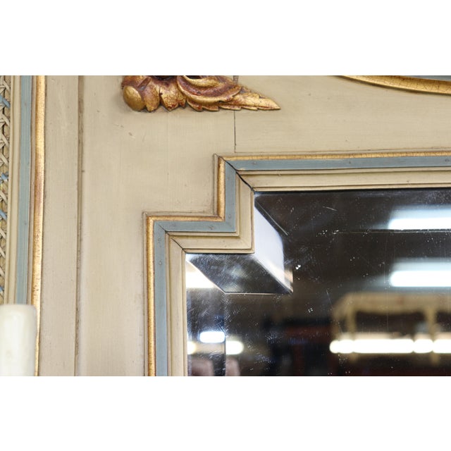 Wood Antique French Turn of the Century Louis XVI Hand Painted Trumeau Mirror For Sale - Image 7 of 10