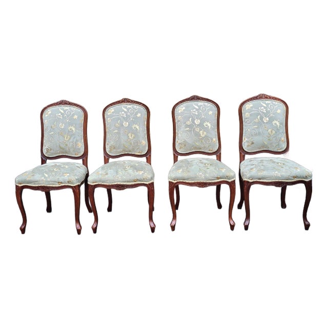 Set of 4 Provincial Fruitwood and Embroidered Ultrasuede Upholstery Side Chairs For Sale