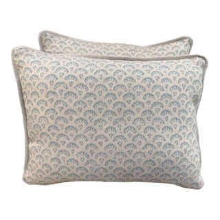 Artisan Crafted Blue Motif Decorative Pillows in Printed Linen For Sale