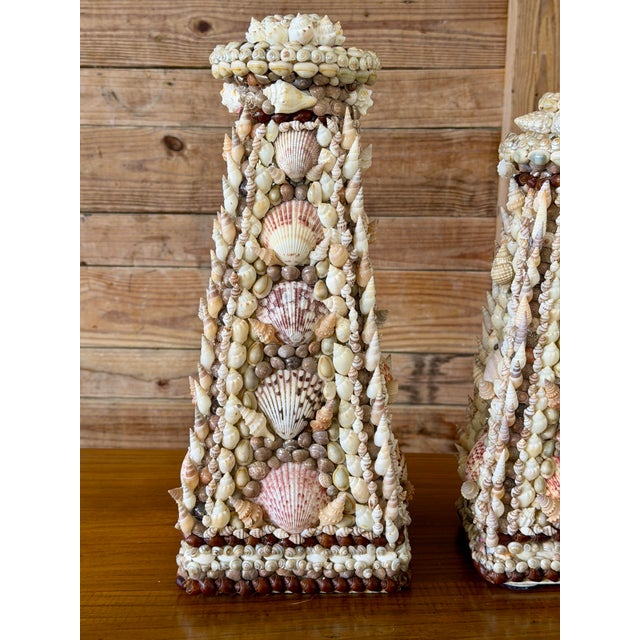 1990s Vintage Handcrafted Coastal Seashell Encrusted Plaster Obelisk Candleholders, Pair For Sale - Image 5 of 12
