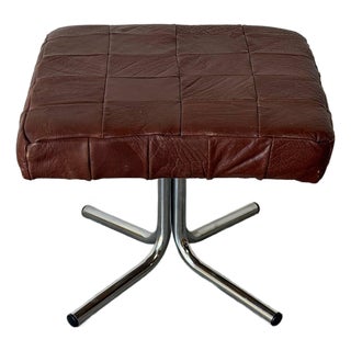 Square Patchwork Brown Leather Ottoman With Chrome Base Vintage Mid-Century Modern 1970s For Sale