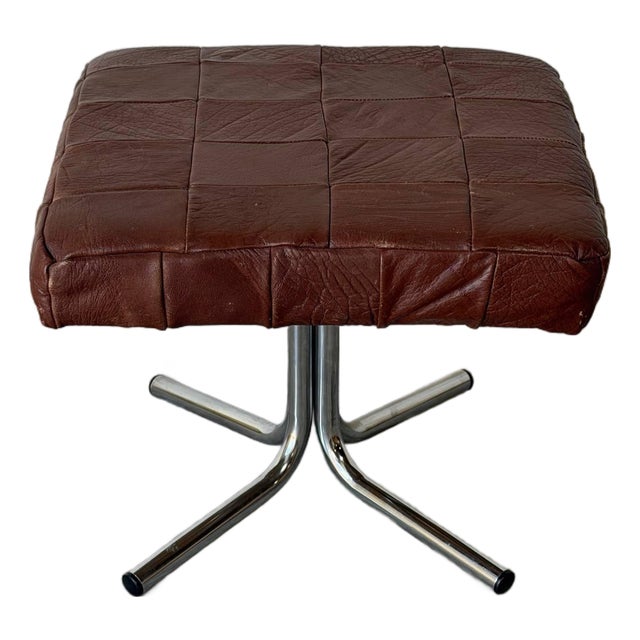 Square Patchwork Brown Leather Ottoman With Chrome Base Vintage Mid-Century Modern 1970s For Sale