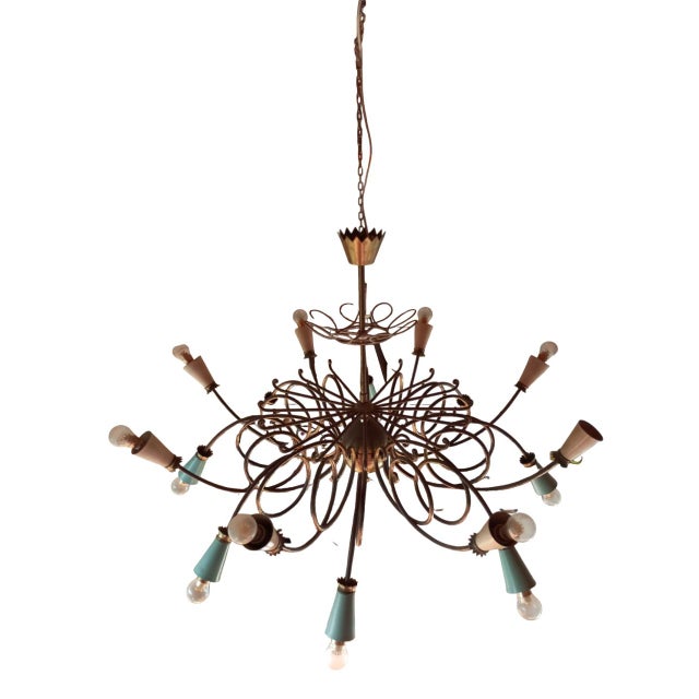 Brass 16-Light Chandelier with Colored Metal Lamp Holder, 1950s For Sale - Image 12 of 18