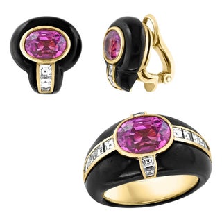 6Ct Natural PURPLE Sapphire , Black Onyx & Pave Diamond Ring & Earring Set 18KG For Sale