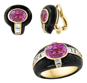 6Ct Natural PURPLE Sapphire , Black Onyx & Pave Diamond Ring & Earring Set 18KG