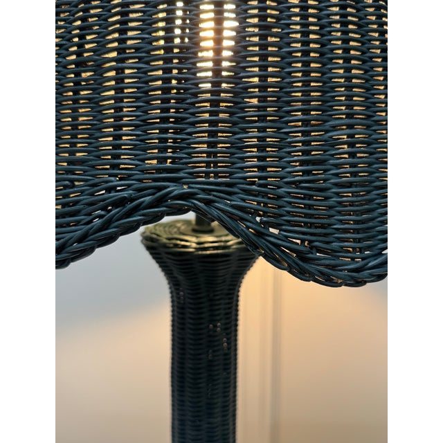 French Vintage Boho Chic Wicker Mushroom Shaped Scalloped Edge Table Lamp, Dark Green For Sale - Image 3 of 11