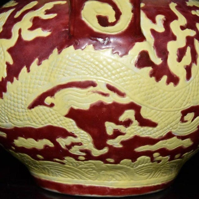 Yellow Mid 20th Century Chinese Red & Yellow Wucai Monk’s Cap Ewer, Chinese Dragon Pattern Porcelain Pitcher For Sale - Image 8 of 9
