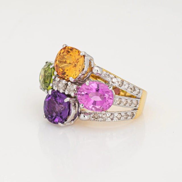 Mid 20th Century Mid 20th Century Rainbow Gemstone Diamond Ring Estate 14k Yellow Gold Multi Cocktail Ring Sz 5.5 For Sale - Image 5 of 6