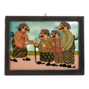 Framed Punakawan Reverse Glass Painting the Meeting of the Yes Men