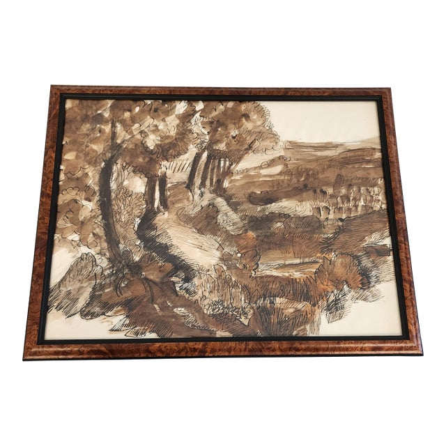 William Lyberis Signed Mid-Century Sepia Watercolor Landscape Painting For Sale