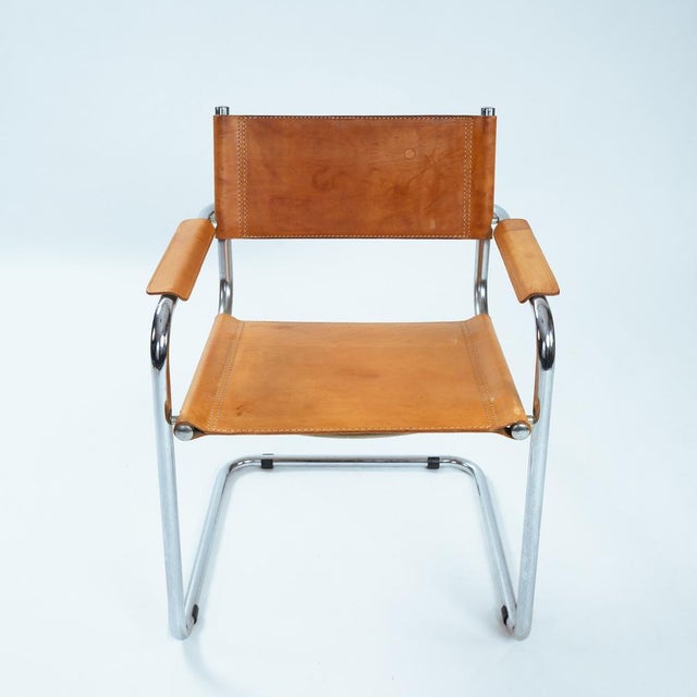 Mid-Century Modern Metal Cantilever in Cognac Brown Leather, 1970s, Set of 4 For Sale - Image 9 of 18