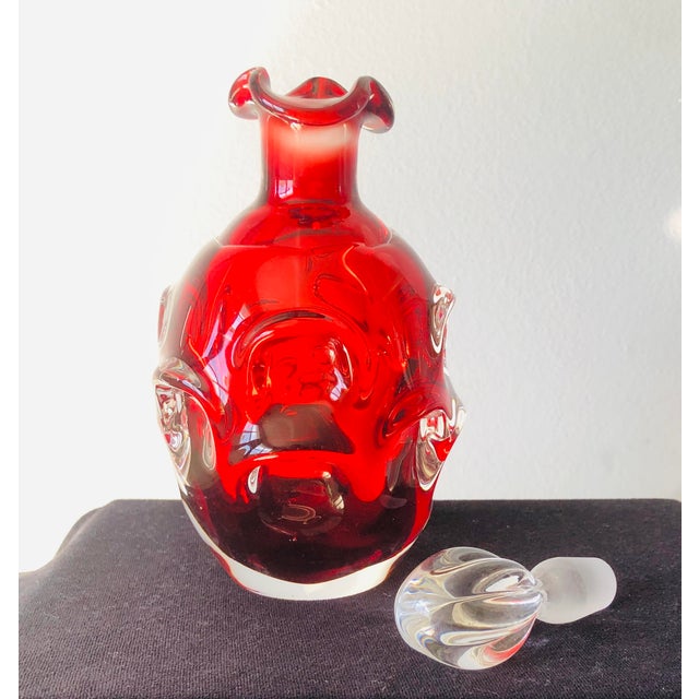 Mid-Century Modern Mid 20th Century Mid-Century Murano-Style Hand-Blown Red Art Glass Decanter With Clear Stopper For Sale - Image 3 of 5
