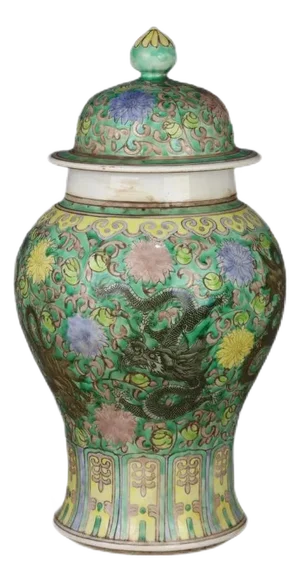 Antique Chinese Ceramic Pot Qing Dynasty Kangxi Marked Green Ground Famille Rose Porcelain Ginger Jar Hand Painted Dragon Pattern