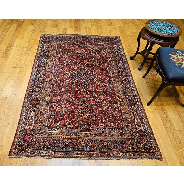 Persian Early 20th Century Kashan Rug, Hand-Knotted Wool & Cotton, Floral Design, Red & Navy, 5x7 For Sale - Image 3 of 16