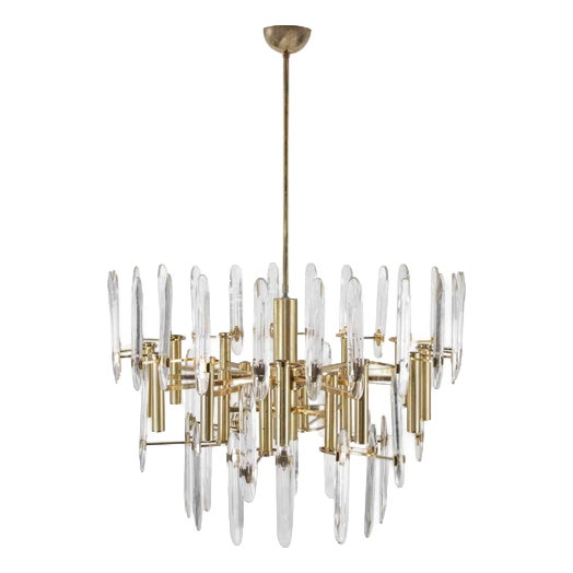 Vintage Italian Brass and Crystal Chandelier, 1970s For Sale