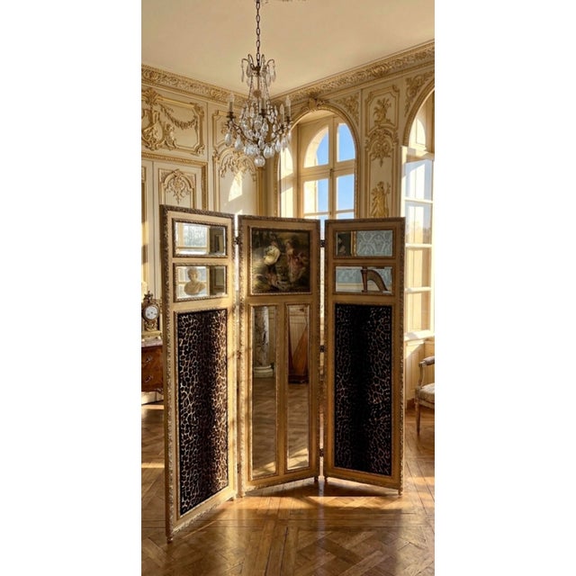 Fine Louis XV style gilt wood three fold screen with three panels real solid wood hand painted and mirror panels along...
