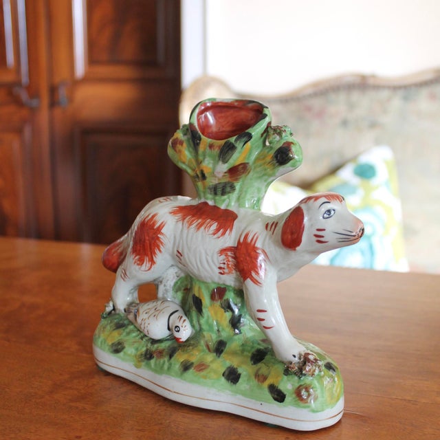 Ceramic Pair of Staffordshire Bird Dog With Quail Spill Vases For Sale - Image 7 of 11