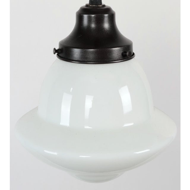 Metal 1920s Schoolhouse White Milk Glass Black Wire Pendant Light For Sale - Image 7 of 11