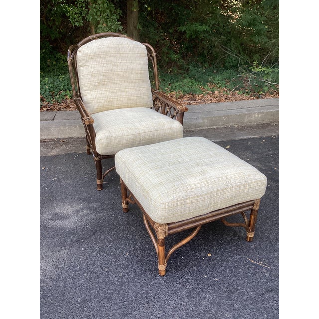 1980s Vintage McGuire Rattan Lounge Chair and Ottoman With New Upholstery For Sale - Image 5 of 11