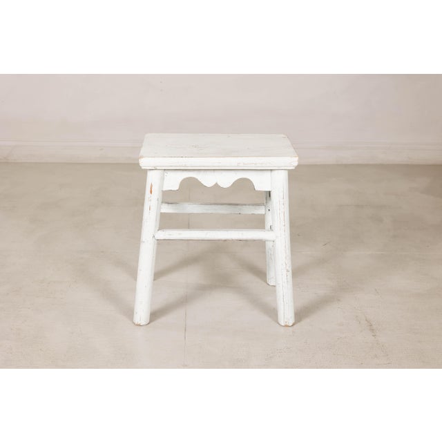 Vintage Chinese Rustic Country Style White Painted Wooden Stool For Sale - Image 12 of 16