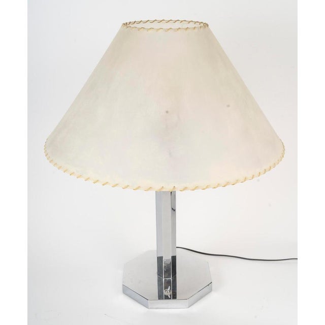 Art deco table lamp, parchment shade, circa 1930 table lamp circa 1930, art deco period in chromed metal and parchment...