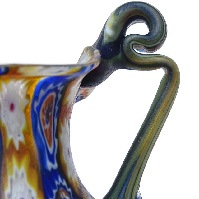 Fratelli Toso Murano Millefiori Flowers Antique Italian Art Glass Ornate Handle Cabinet Vase Pitcher For Sale In Orlando - Image 6 of 7